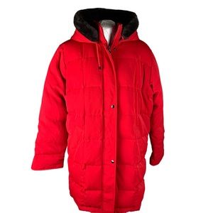Worthington Red Long Winter Coat Hooded Parka with Black Faux Fur Women's Size L